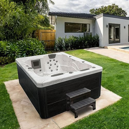 HOME DELUXE - Outdoor Whirlpool - White Marble Plus Treppe und Thermoabdeckung - Maße 210 x 160 x 85 cm - Inkl. Heizung, 27 M