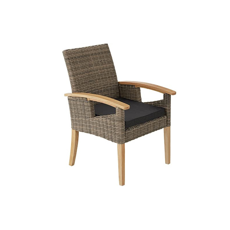 TecTake Alu Rattan Stuhl mit Armlehnen und Beinen aus Massivholz, wetterfest und UV-beständig, Rattanstuhl für Garten, Terras