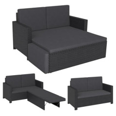 STEELSØN Gartenbank Elnath 2in1 Polyrattan, Gartensofa für 2 Personen mit Liegefunktion, Balkonmöbel mit Hocker 2er Sofa mit 