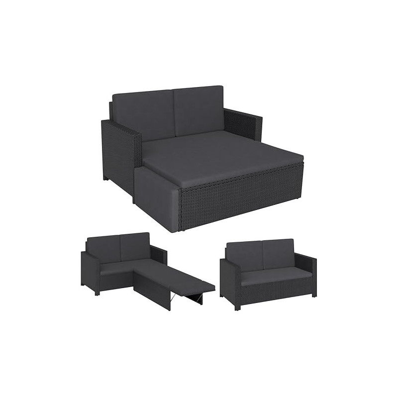 STEELSØN Gartenbank Elnath 2in1 Polyrattan, Gartensofa für 2 Personen mit Liegefunktion, Balkonmöbel mit Hocker 2er Sofa mit 