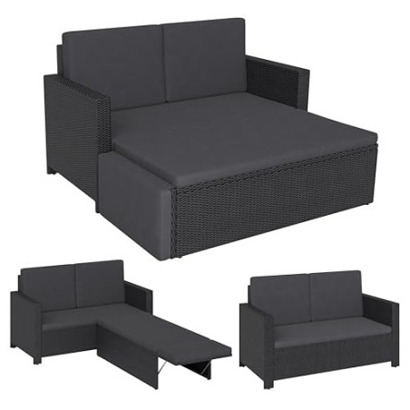 STEELSØN Gartenbank Elnath 2in1 Polyrattan, Gartensofa für 2 Personen mit Liegefunktion, Balkonmöbel mit Hocker 2er Sofa mit 