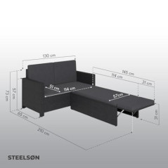 STEELSØN Gartenbank Elnath 2in1 Polyrattan, Gartensofa für 2 Personen mit Liegefunktion, Balkonmöbel mit Hocker 2er Sofa mit 