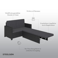 STEELSØN Gartenbank Elnath 2in1 Polyrattan, Gartensofa für 2 Personen mit Liegefunktion, Balkonmöbel mit Hocker 2er Sofa mit 