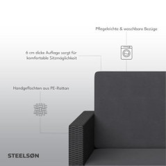 STEELSØN Gartenbank Elnath 2in1 Polyrattan, Gartensofa für 2 Personen mit Liegefunktion, Balkonmöbel mit Hocker 2er Sofa mit 