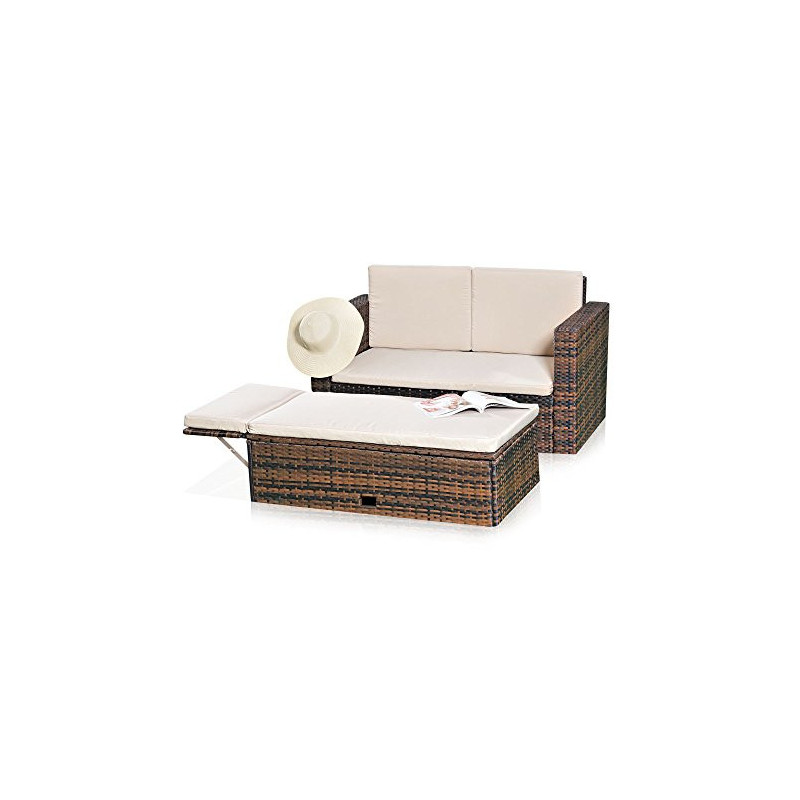 Melko Gartenset Polyrattan mehrteilige Sofa-Garnitur Holz Braun mit klappbarer Fußbank & Stauraum, Tisch inklusive Kissen Melko Gartenset Polyrattan mehrteilige Sofa-Garnitur Holz Braun mit klappbarer Fußbank & Stauraum, Tisch inklusive Kissen