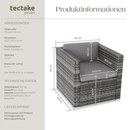 tectake® Poly Rattan bequemer Sessel mit Armlehnen, Outdoor Gartenmöbel für Balkon, Garten, Lounge, 70 x 69 x 65 cm, Wasserab