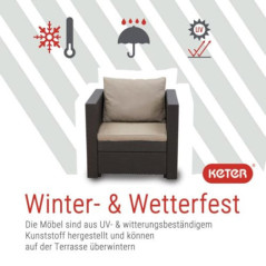 Keter – Loungesessel Rattan-Optik in Anthrazit inkl. passendem Sitz- & Rückenkissen in Capuccino - Rattansessel für Balkon, G