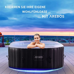 Arebos Whirlpool mit LED Beleuchtung | Aufblasbar | In- & Outdoor | 154x154 cm | 4 Personen | 110 Massagedüsen | mit Heizung 