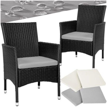 tectake® 2er Set Gartenstuhl aus Polyrattan, Gartenmöbel Set mit 2 Sessel, Outdoor Rattansessel inklusive Sitzpolster und 2 B