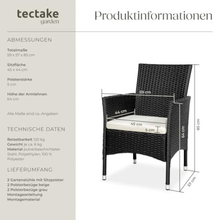 tectake® 2er Set Gartenstuhl aus Polyrattan, Gartenmöbel Set mit 2 Sessel, Outdoor Rattansessel inklusive Sitzpolster und 2 B