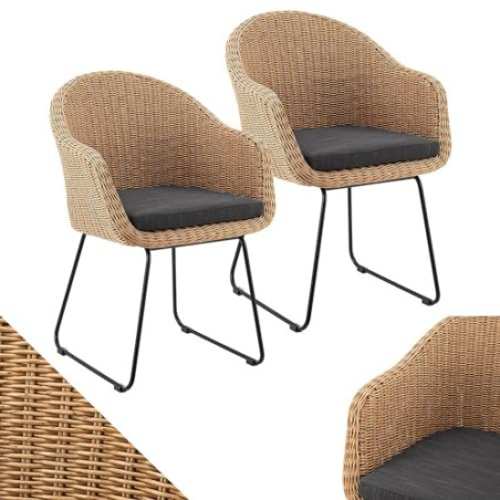 Juskys Rattan Korbsessel Cody 2er Set mit Kissen - Indoor & Outdoor Rattanstühle - Korbstuhl bis 100 kg belastbar - Korbstühl