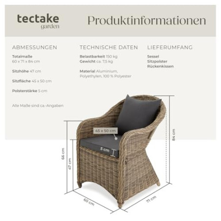 tectake® Rattan Stuhl, Garten Sessel, Outdoor Korbsessel mit Rücken- und Sitzkissen, Möbel wetterfest, Gartenmöbel, Balkonmöb