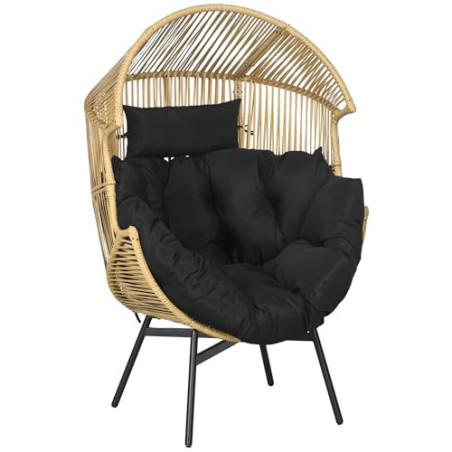 Outsunny Rattansessel, Rattan Korbsessel mit dickem Sitzkissen, Gartensessel in Eiform, 120 kg belastbar, für Terrasse, Garte