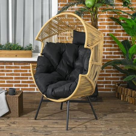 Outsunny Rattansessel, Rattan Korbsessel mit dickem Sitzkissen, Gartensessel in Eiform, 120 kg belastbar, für Terrasse, Garte