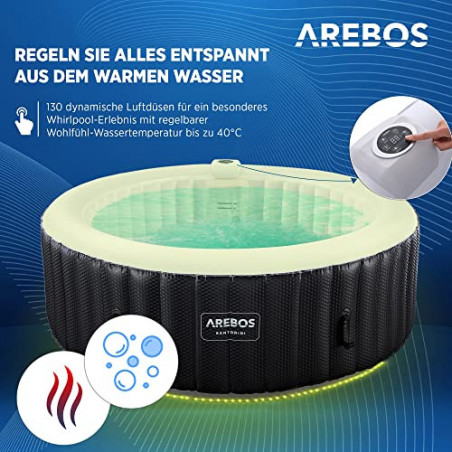 Arebos Whirlpool | automatisch aufblasbar | In & Outdoor | 6 Personen | ⌀ 208 cm | LED Leuchtband | 130 Massagedüsen | 1000 L