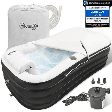 TIMELAX Badewanne Aufblasbar [Ergonomische Rückenlehne] 0,5mm starkes PVC | BPA Frei Aufblasbare Faltbare Mobile Freistehende