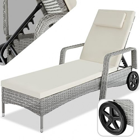 TecTake Poly Rattan Gartenliege mit Rollen, 6-Fach höhenverstellbarer Liegestuhl, bis 120kg belastbar, Sonnenliege Rattan  we