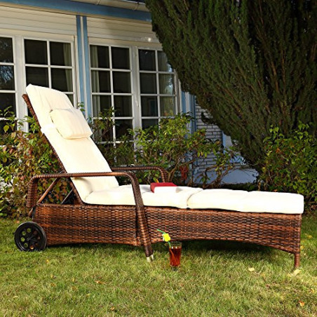 Melko Gartenliege Braun mit Auflage Strandliege mit Rädern Gartenliege wetterfest Loungeliege Rattanmöbel Liege