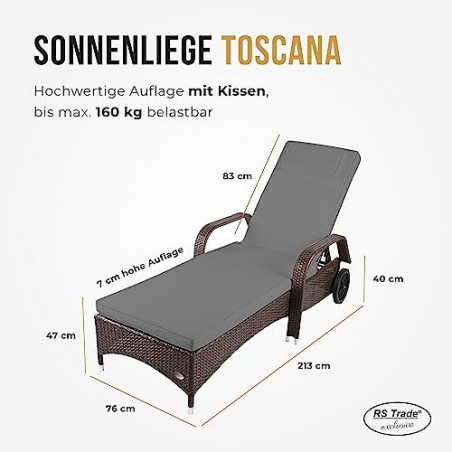 RS Trade Sonnenliege Toscana Braun/Grau - Outdoor Liege mit beständigem Poly-Rattan-Geflecht - verstellbare Rückenlehne - Arm
