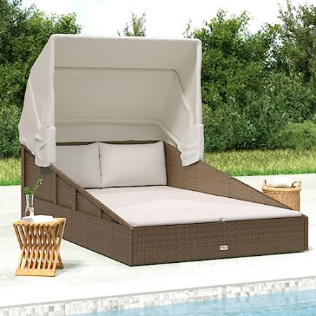 Festnight Sonnenliege Polyrattan mit Faltdach Braun Sonnenliege 2 Personen Gartenbett für 2 Personen Doppel Sonnenliege Outdo