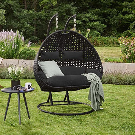 HOME DELUXE - Hängesessel Twin - Schwarz, Höhe 195 cm - inkl. Gestell, Sitz- und Rückenkissen I Polyrattan Hängestuhl Gartens