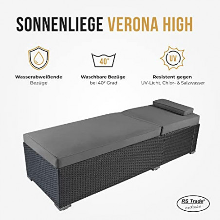RS Trade Sonnenliege Verona High Silber/Grau - Outdoor Liege mit beständigem Poly-Rattan-Geflecht - verstellbare Rückenlehne 