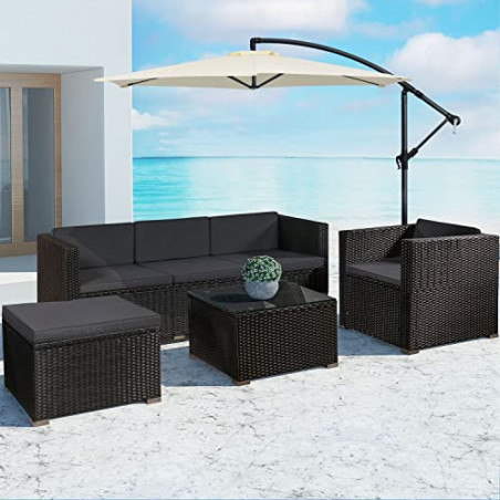 Juskys Polyrattan Lounge Punta Cana L für 4-5 Personen mit 3er Sofa, Sessel, Hocker, Tisch & Kissen, Sitzgruppe für Garten, T