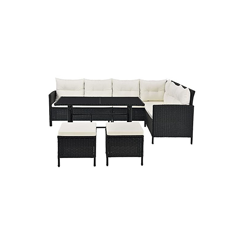 Juskys Polyrattan Lounge Manacor mit Ecksofa, Esstisch, 2 Hocker & Kissen - wetterfest bis 7 Personen - Bezüge waschbar - Rat Juskys Polyrattan Lounge Manacor mit Ecksofa, Esstisch, 2 Hocker & Kissen - wetterfest bis 7 Personen - Bezüge waschbar - Rat
