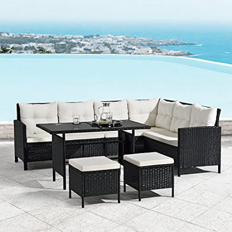 Juskys Polyrattan Lounge Manacor mit Ecksofa, Esstisch, 2 Hocker & Kissen - wetterfest bis 7 Personen - Bezüge waschbar - Rat