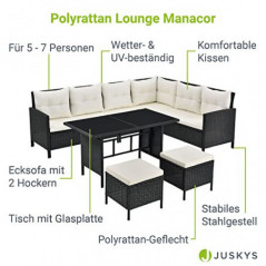 Juskys Polyrattan Lounge Manacor mit Ecksofa, Esstisch, 2 Hocker & Kissen - wetterfest bis 7 Personen - Bezüge waschbar - Rat