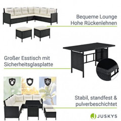 Juskys Polyrattan Lounge Manacor mit Ecksofa, Esstisch, 2 Hocker & Kissen - wetterfest bis 7 Personen - Bezüge waschbar - Rat