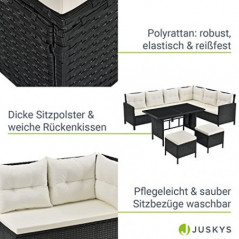 Juskys Polyrattan Lounge Manacor mit Ecksofa, Esstisch, 2 Hocker & Kissen - wetterfest bis 7 Personen - Bezüge waschbar - Rat