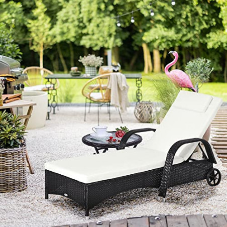 Outsunny Gartenliege Sonnenliege Rattanliege mit neigbarer Rückenlehne Gartenmöbel Liege mobil mit Kissen, Polyrattan+Metall,