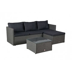 LC Garden Loungino Polyrattan Lounge grau-Mix für 3-4 Personen, Balkonmöbel Sitzgruppe mit Tisch + Hocker, Gartenlounge, Ecks