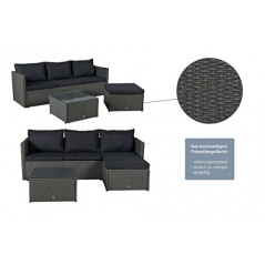 LC Garden Loungino Polyrattan Lounge grau-Mix für 3-4 Personen, Balkonmöbel Sitzgruppe mit Tisch + Hocker, Gartenlounge, Ecks