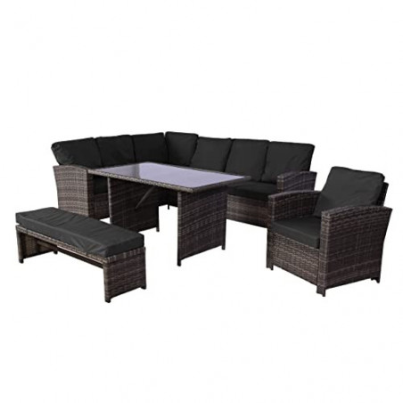 Mendler Poly-Rattan-Garnitur HWC-L81, Gartengarnitur Sitzgruppe Lounge-Esstisch-Set, Bank Sessel - grau, Polster dunkelgrau