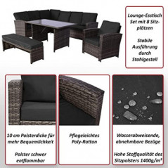 Mendler Poly-Rattan-Garnitur HWC-L81, Gartengarnitur Sitzgruppe Lounge-Esstisch-Set, Bank Sessel - grau, Polster dunkelgrau