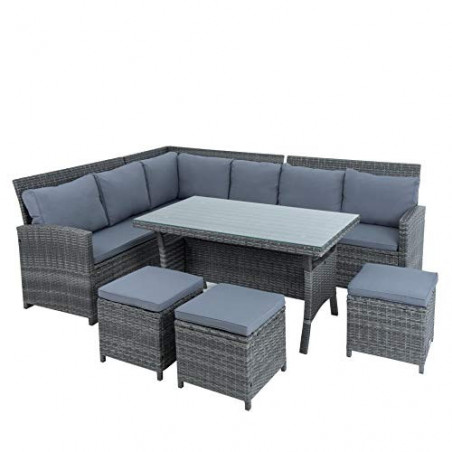 ESTEXO Polyrattan Lounge Set in luxuriöser Optik bestehend aus 1 Couch, 3 Hockern und 1 Tisch, inklusive Sitzpolster, grau