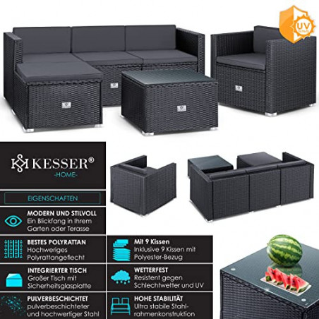 KESSER® Polyrattan Lounge Aruba - Gartenlounge für 4-5 Personen Gartenmöbel-Set Sitzgruppe aus 3er Gartensofa, Sessel, Hocker