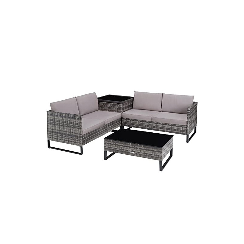 tectake Polyrattan Lounge Sitzgruppe, 4-tlg. Gartenmöbel Set mit Sofa Tisch und Aufbewahrungsbox, Tisch mit Glasplatte, für G