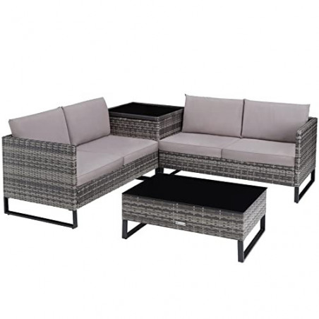 tectake Polyrattan Lounge Sitzgruppe, 4-tlg. Gartenmöbel Set mit Sofa Tisch und Aufbewahrungsbox, Tisch mit Glasplatte, für G