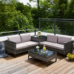 tectake Polyrattan Lounge Sitzgruppe, 4-tlg. Gartenmöbel Set mit Sofa Tisch und Aufbewahrungsbox, Tisch mit Glasplatte, für G