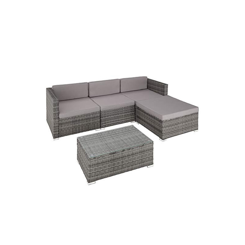 TecTake Polyrattan Lounge inkl. Sitzkissen, Rückenkissen und Glastisch, Balkon Möbel, Lounge Gartenmöbel Set für die Terrasse