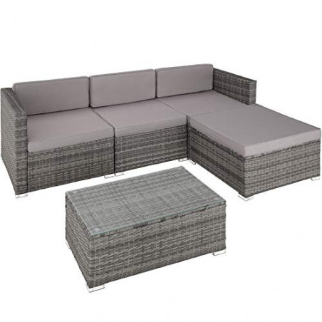 TecTake Polyrattan Lounge inkl. Sitzkissen, Rückenkissen und Glastisch, Balkon Möbel, Lounge Gartenmöbel Set für die Terrasse