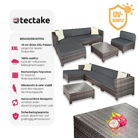TecTake Gartenmöbel Set, Lounge aus Poly Rattan und Aluminium, Balkon Möbel Set mit 10 cm Polsterung und Kissen, ideal für Ga