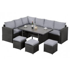 MeXo Polyrattan Gartenmöbel-Set Garten Essgruppe mit Ecksofa, WPC Esstisch, 3 Hocker, Kissen - Gartenlounge wetterfest bis 10