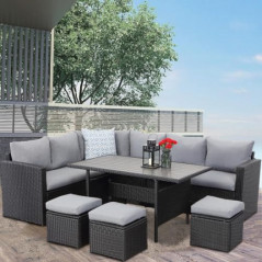 MeXo Polyrattan Gartenmöbel-Set Garten Essgruppe mit Ecksofa, WPC Esstisch, 3 Hocker, Kissen - Gartenlounge wetterfest bis 10